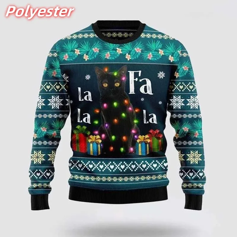 Felpa con cappuccio da uomo con fiocco di neve con gatto stampato in 3D Felpa con motivo regalo di Natale Pullover casual a maniche lunghe con cappuccio girocollo