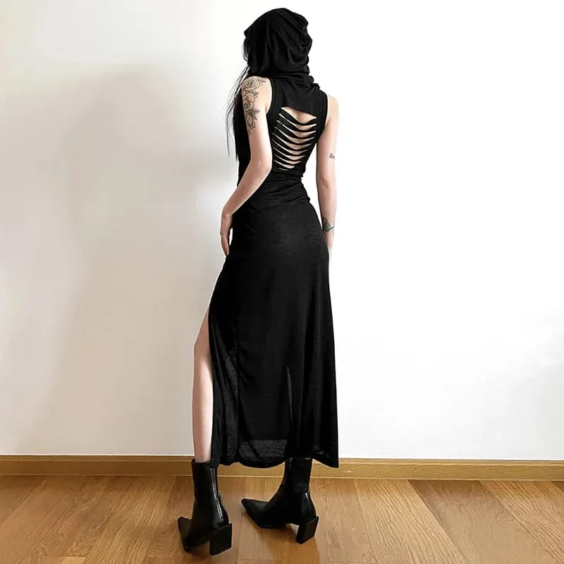 Goth Dark Cyber ​​Gothic Desert Walker Šaty s kapucí Y2k Punk Grunge Duté Midi Šaty Ženy Sexy Split Side Solid Streetwear