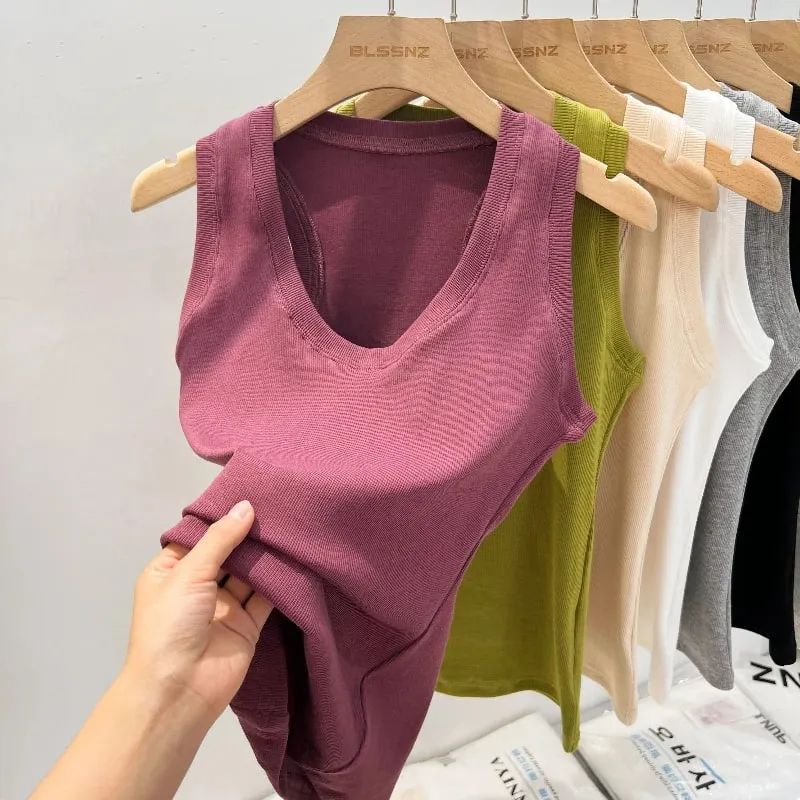2026 Summer Basic Elastic Tank Top Women Solid Low Round Neck Ribbed Camisole Korean Style Versatile Slim Tanks & Camis — image 2