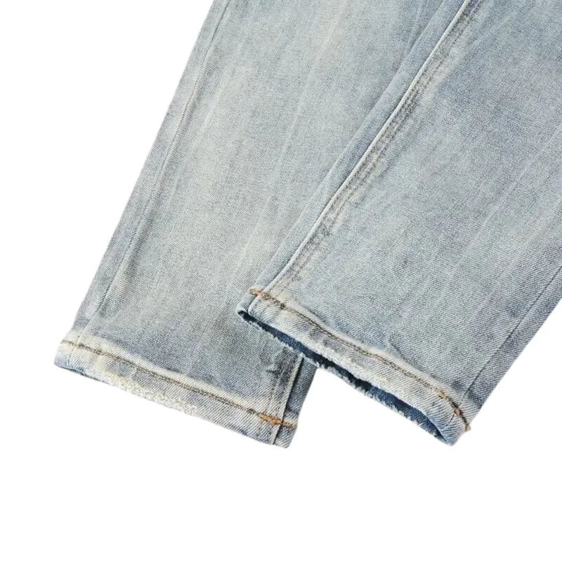 Men's High Street Light Blue Washed Distressed Denim Jeans With Embroidered Letter Motif Button Fly Suitable For All‑Season Wear — image 5