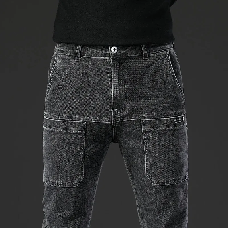 6 Pocket Design Denim Jeans Men's 2025 New High Elasticity Denim Casual Trousers Straight Male Pants Fashion Mid-waist Jeans