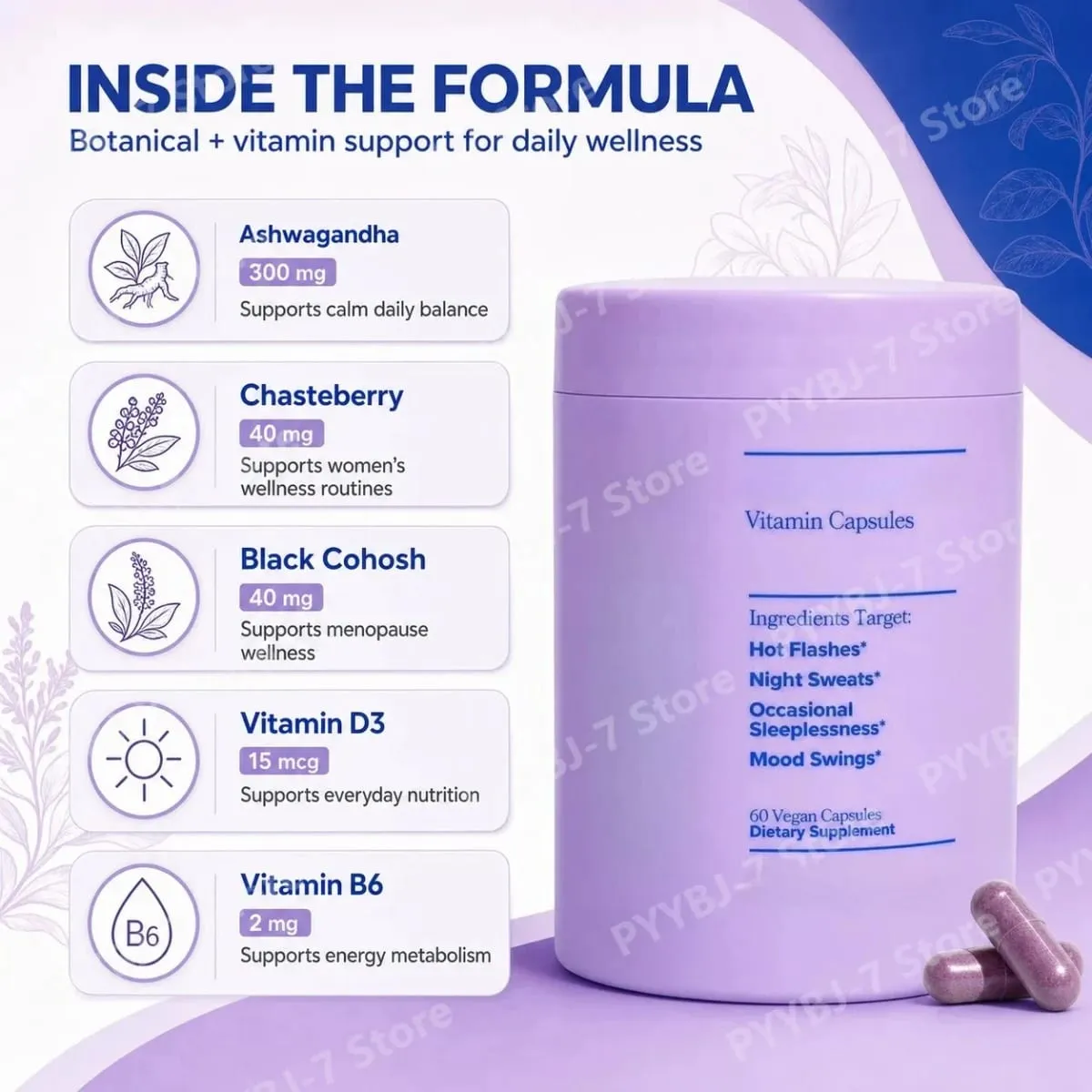 Vitamin Kompleks Wanita untuk Menopaus dengan Vitamin D3 B6 Membantu Melegakan Peluh Malam Perubahan Mood Suplemen Makanan Kesihatan 60 Keping — image 3
