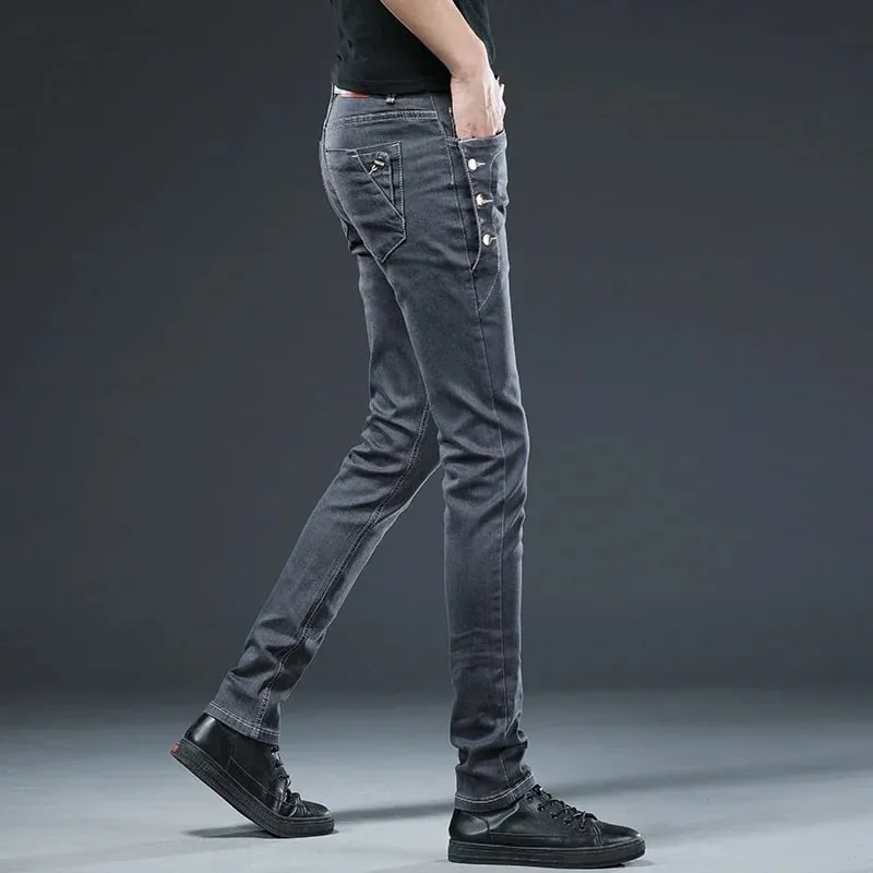 Autumn Men's New Button Skinny Jeans Black Gray Multi-button Youth Skateboard Stretch Denim Trousers Slim Straight Male Pants — image 6