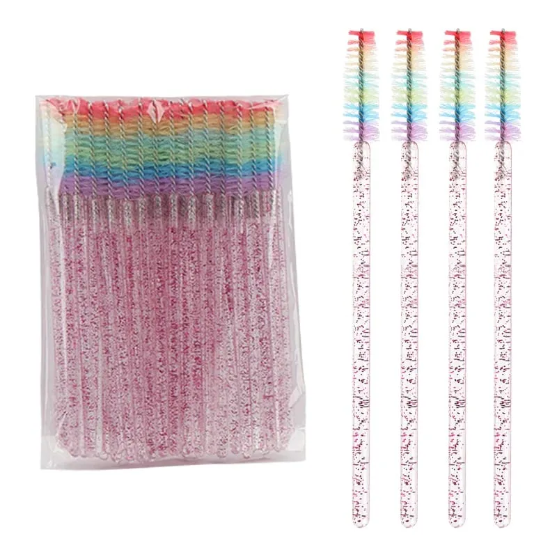 50pcs Disposable Crystal Eyelash Brush Lash Extension Makeup Brushes Mascara Wand Applicator Eyebrow Comb Rainbow Microbrush
