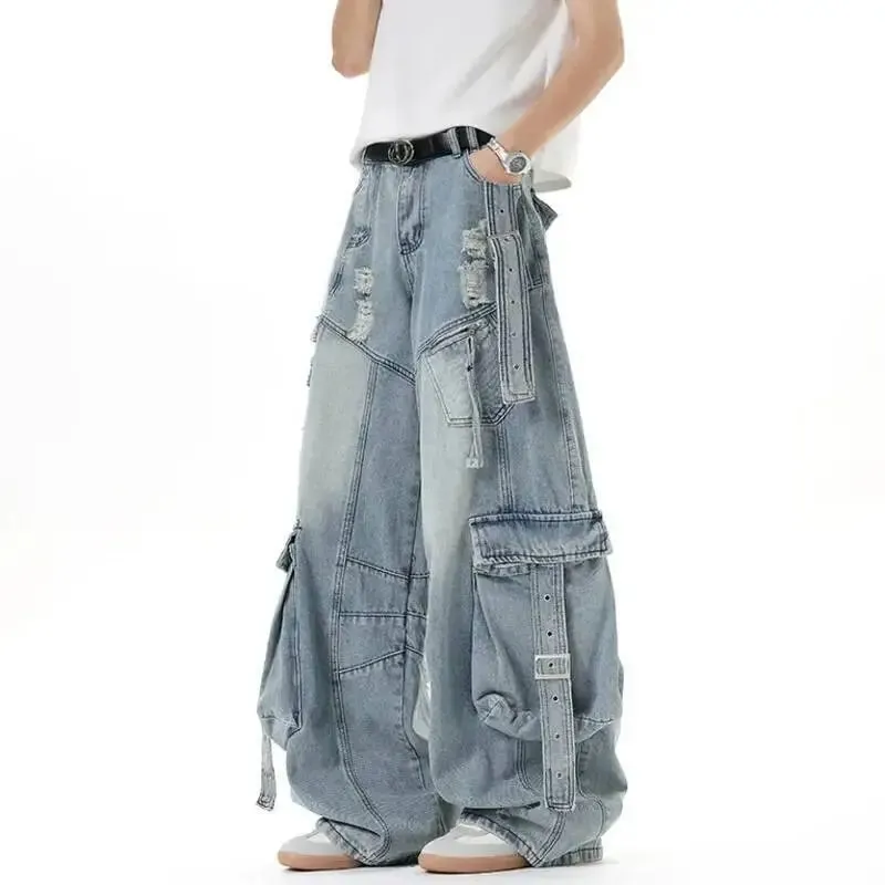 American Style Men's Jeans Solid Color Multi Pockets Casual Worn-out Trousers Deconstruction Wide Leg Denim Pants 9W4066 — image 6