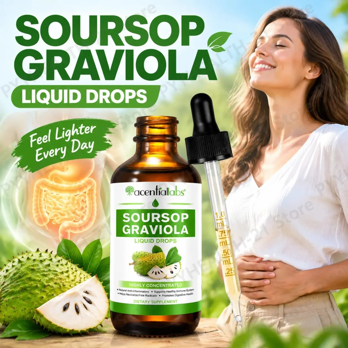 AcentiLabs Soursop Graviola Liquid Drops Vitamin C unterstützt die Verdauungsgesundheit, das Immunsystem und die Abwehr freier Radikale, 60 ml für Erwachsene — image 1