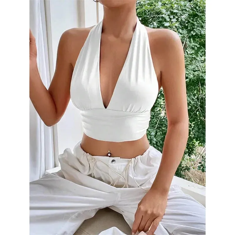 Sleeveless Backless Deep V-neck Halter Top Women Summer 2025 Club Party Sexy Solid Color Crop Tops Streetwear Y2K Clothes — image 8