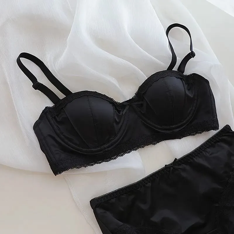 French girly underwire push-up bra Sweet lace edge half cup lingerie women's thin cup with anti-sagging bra set — image 12