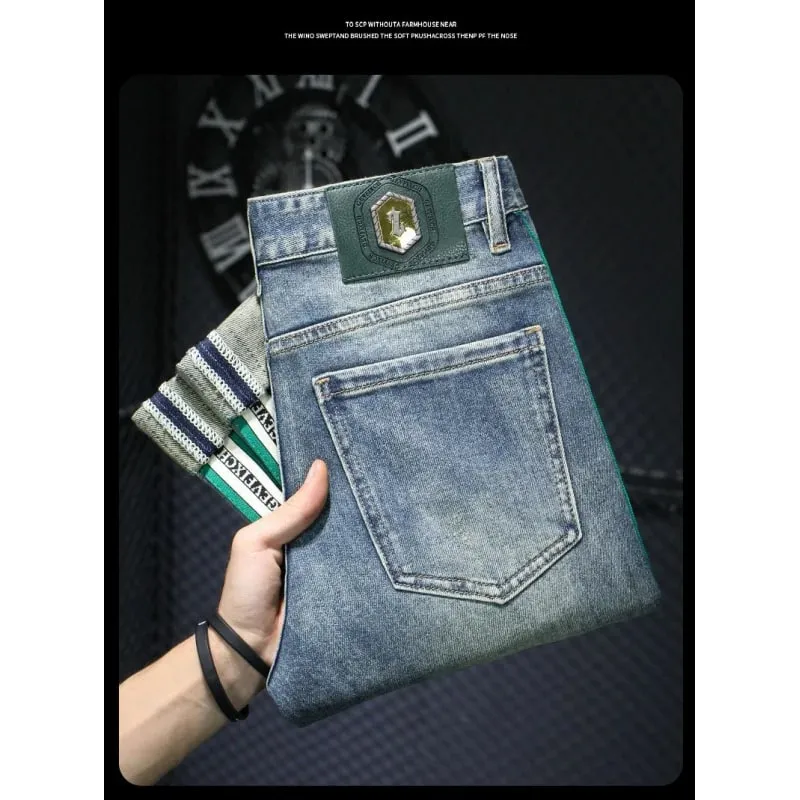 High-End Light Luxury Men's Blue Striped Jeans Men's 2024 Spring Street Versatile Slim Fit Skinny Ripped Trousers — image 2