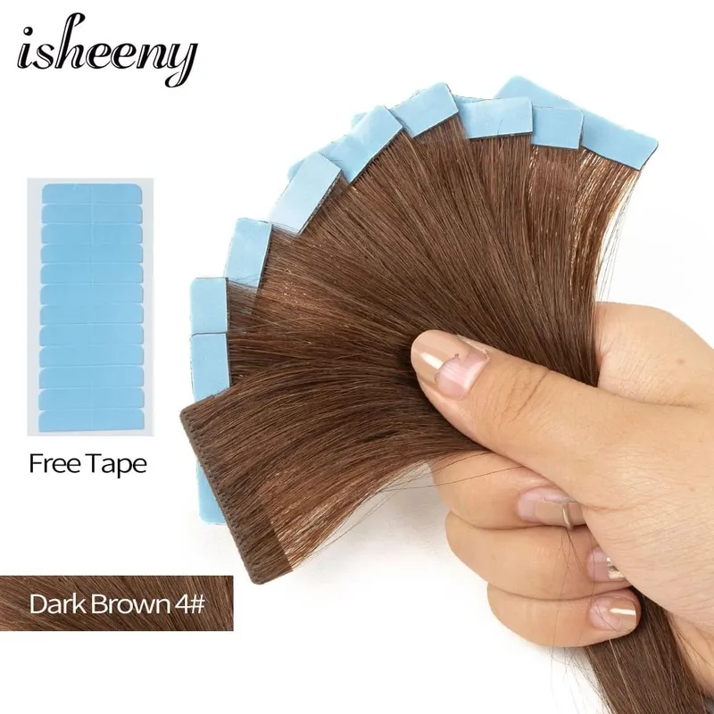 Isheeny 12" 16" 20" PU Skin Weft Tape Hair Extensions 10pcs Invisible Tape In Hair Extensions Straight Machine Remy Human Hair