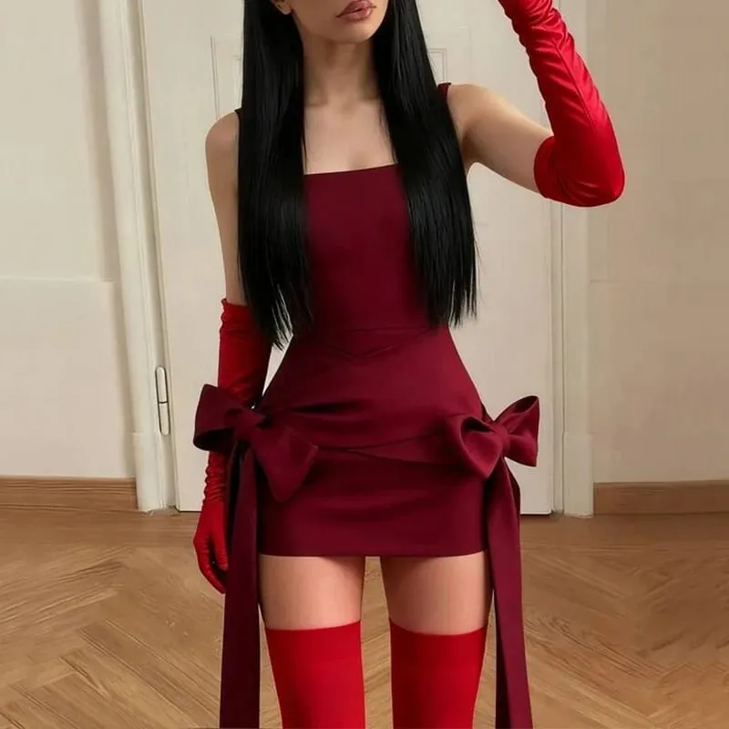 Fashion Red Bowknot Mini Dress Straps Square Collar Sleeveless Backless Vintage Cute Ladies Slim Party Short A-line Dresses — image 4