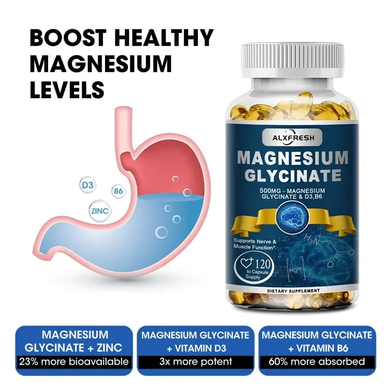 Alxfresh Magnesium Glycinate 500mg Capsule Zinc Vitamin D3 B6 for Muscle Joint Nerve Sleep Quality Anxiety Stress Mood Health