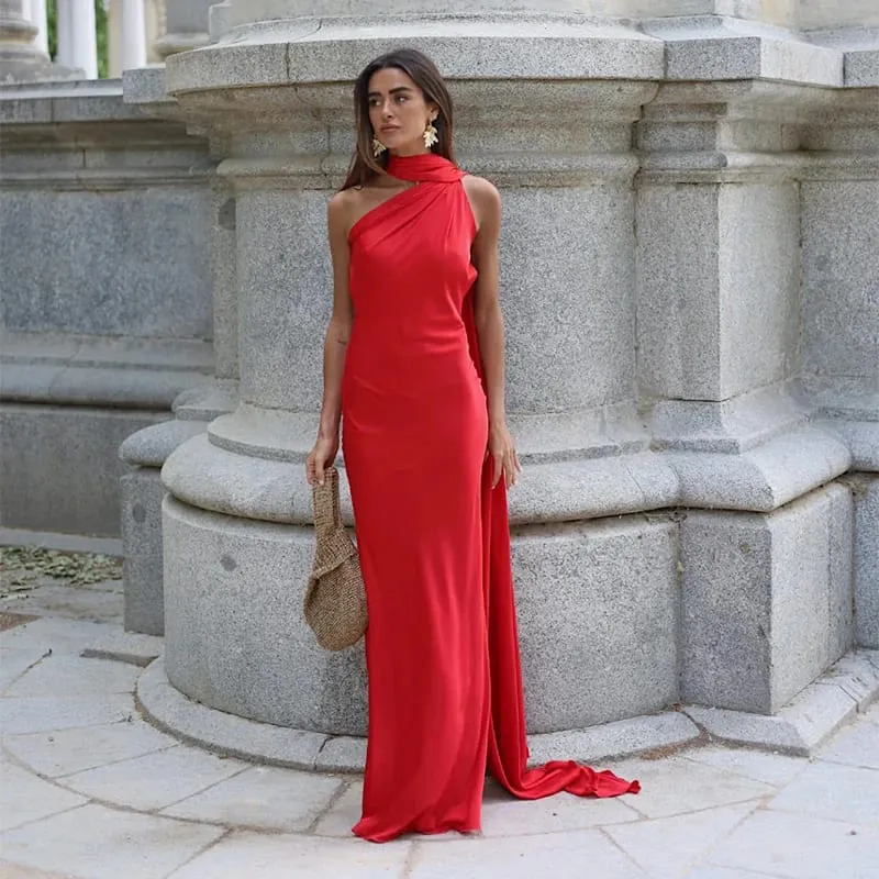 Sexy Satin Ribbon Halter Party Dress Women Elegant Backless Off Shoulder Sleeveless Dresses 2026 Summer New Famale Solid Robes
