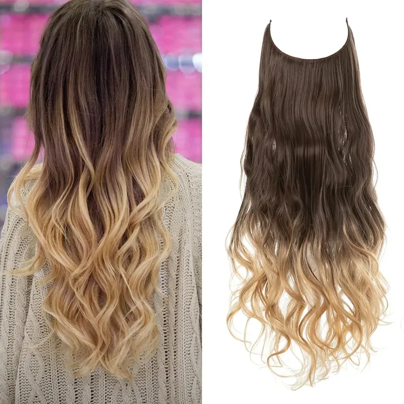 Synthetic No Clip Wave Hair Extensions Ombre Natural Blonde One Piece False Hairpiece Fish Line Fake Hair Piece