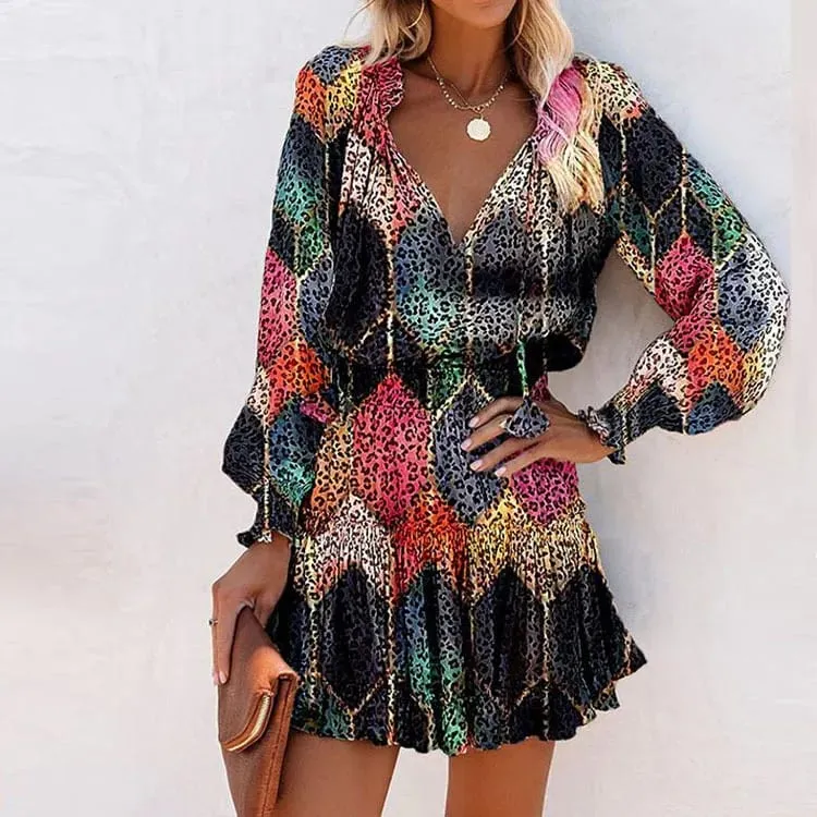 Color Printed Mini Dresses Women Spring Summer Long Sleeve V-neck Elastic Waist Ruffles Dress Fashion Trendy Ladies Vestidos