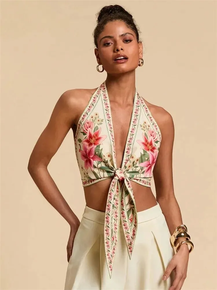 Sexy Knot Front Halter Crop Top for Women Summer Sleeveless Graphic Floral Printed V-neck Backless Tank Top Y2K Clothes — image 5