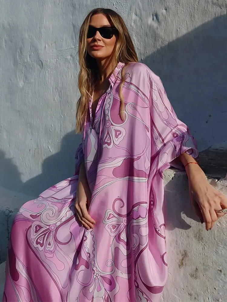 Oversized Women's Print Kaftan Maxi Dress With Pink Pattern Loose Fit Full Sleeve Long Dresses Summer Beach Vacation Outfit Robe — image 2