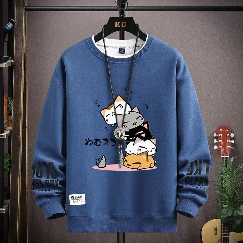 Spring Men's Sweatshirt Japan Cartoon Cats Printed Long Sleeve T-shirt Fashion Men's Clothing Khaki O Neck Harajuku Top 2024 New — image 2
