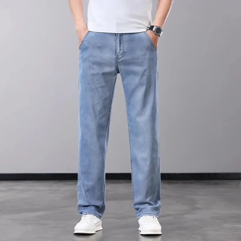 Summer Thin Men's Jeans Lyocell Fabric Soft Breathable Straight Denim Pants Brand Man Elastic Ice Silk Casual Trousers Grey Blue — image 6