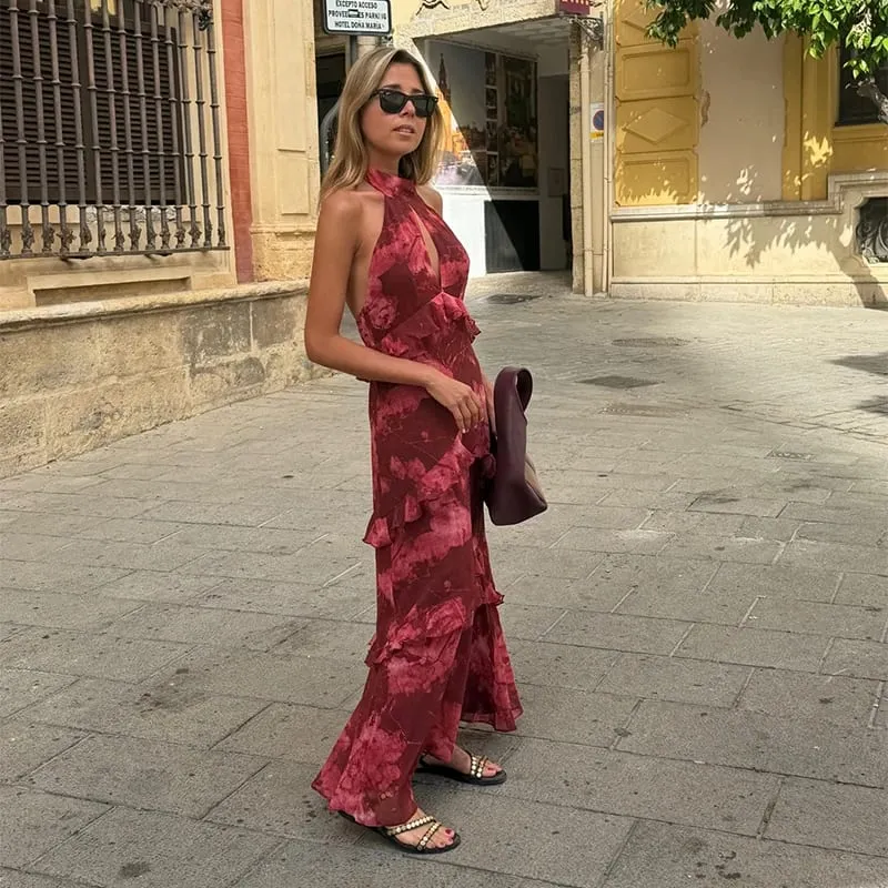 Blomstertryk Halter Neck Cutout Maxikjole Tiered Flæser Ærmeløs 2026 Sommer Kvinder Feriekjole Mode Boho Lady Vestido — image 8
