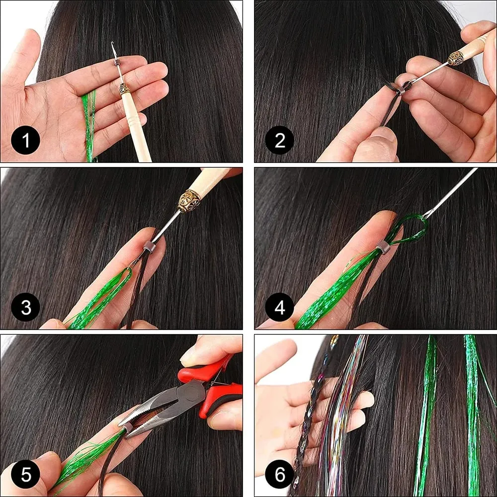 Long Sparkle Shiny Hair Tinsel Rainbow Silk Hair Extensions Dazzles Women Hippie For Braiding Headdress 120Strands/bag — image 6
