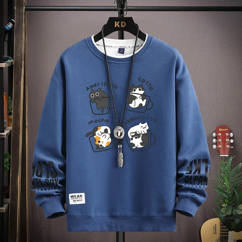Spring Men's Sweatshirt Japan Cartoon Cats Printed Long Sleeve T-shirt Fashion Men's Clothing Khaki O Neck Harajuku Top 2024 New — image 10