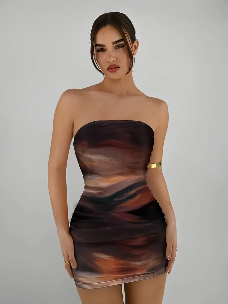 Elegancka damska dzianinowa mini sukienka z gradientowym nadrukiem Wiosna lato w nowym stylu impreza wakacyjna seksowna suknia slim fit bez ramiączek — image 2