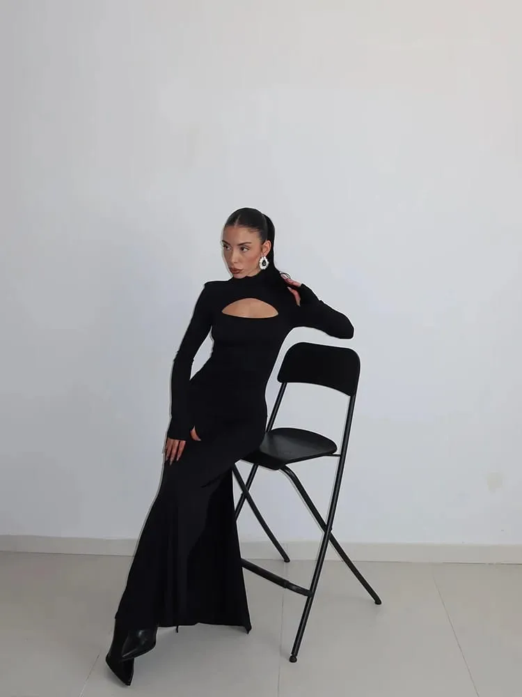 Ahagaga-Vestidos largos sexys para mujer, vestidos lisos de cuello alto, mangas largas regulares, calados, ajustados, ajustados, para fiesta