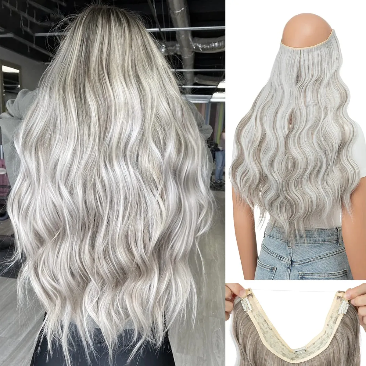 Synthetic Wave Invisible Clip in Hair Extensions Fish Line Ombre One Piece Natural Hairpiece Fake Blonde Hair Piece — image 17