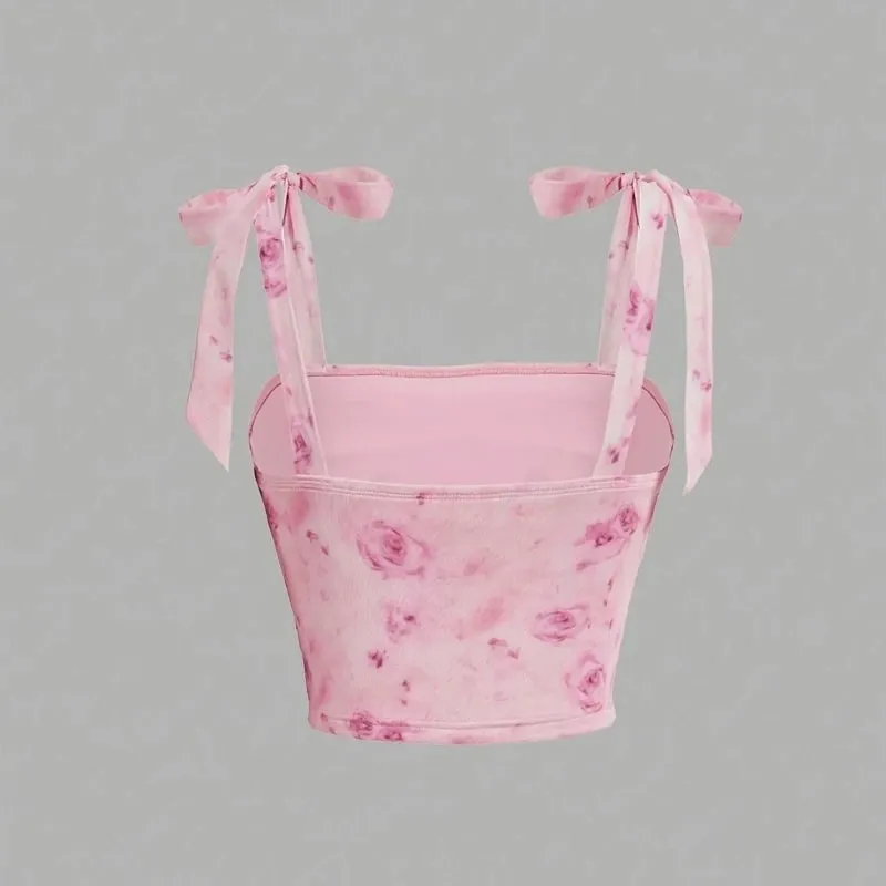 Solid Tie Shoulder Ruched Wide Strap Slim Fit Crop Top for Women Summer 2025 Y2K Clothes Pink Backless Cami Top Streetwear