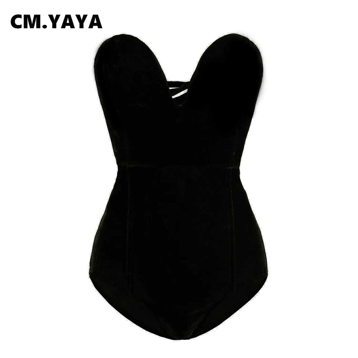 CM.YAYA Vintage Women Velvet Strapless Sleeveless Bodycon Bodysuits 2025 Spring Basic Sexy Party Evening Club Tops One Piece — image 4