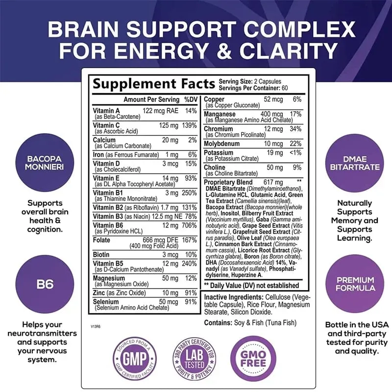 Brain Supplement - Supports Brain Health Cognitive Function Improves Mental Clarity and Boosts Memory and Concentration Vegan