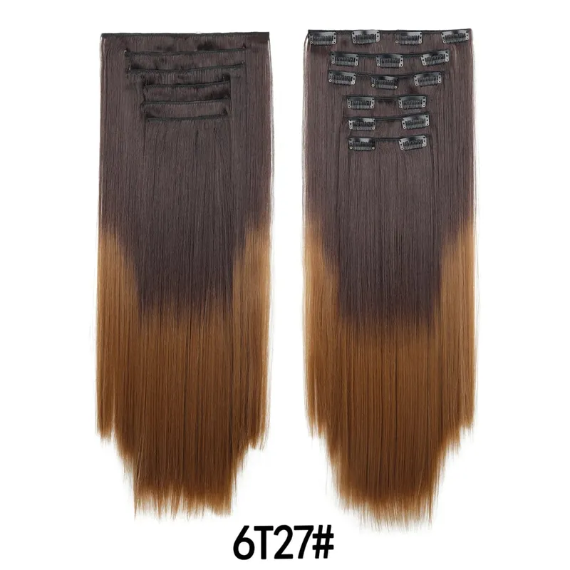 6PCS Set Clip In Hair Extensions 24Inch Long Straight Full Head Synthetic Hair Ombre Gradient Color Daily Use for Women Ladies