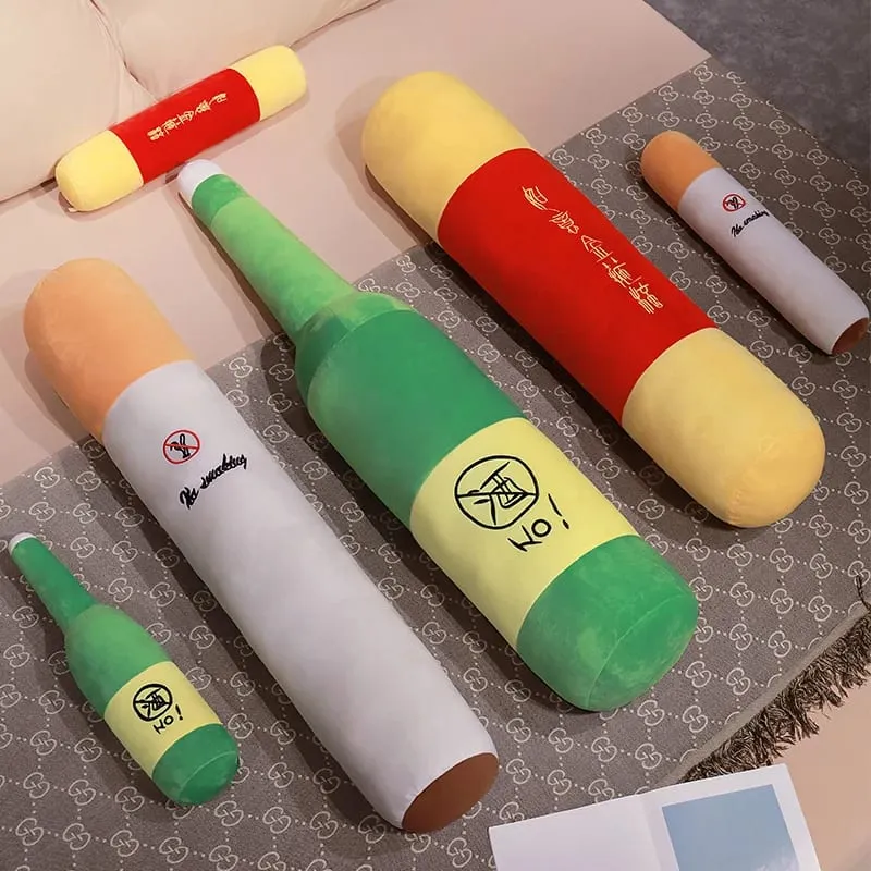 30/50cm No Smoking Cigarette Green Wine Bottle Stuffed Plush Toy Creative Funny Like Real Man Plushie Prop Gift