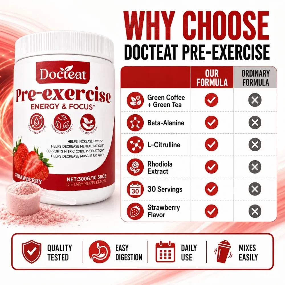 Docteat Pre Workout Powder Strawberry Energy & Focus Support Beta-Alanin L-Citrullin Rhodiola 300 g 30 Portionen Getränkemischung — image 7