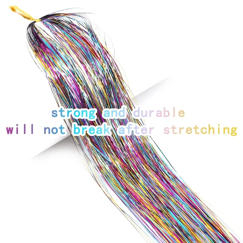 Long Sparkle Shiny Hair Tinsel Rainbow Silk Hair Extensions Dazzles Women Hippie For Braiding Headdress 120Strands/bag — image 4