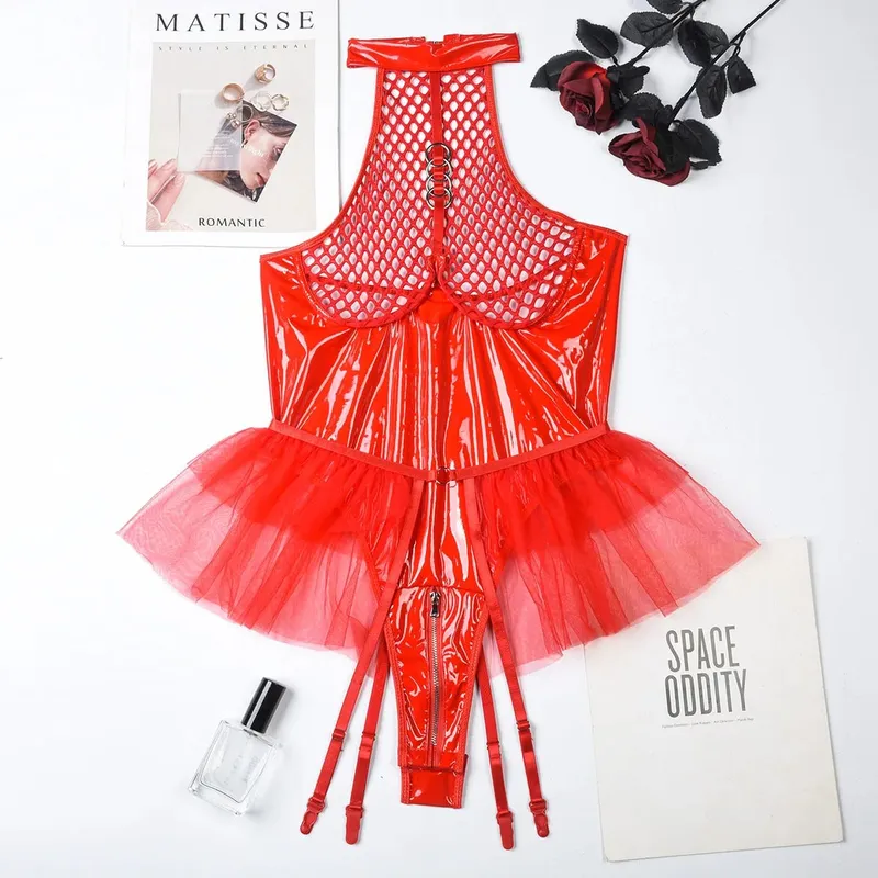 Yimunancy PU Leather Backless Bodysuit Women 2-Piece Transparent Halter Mesn Bodysuit Ball Gown Body Femme — image 8