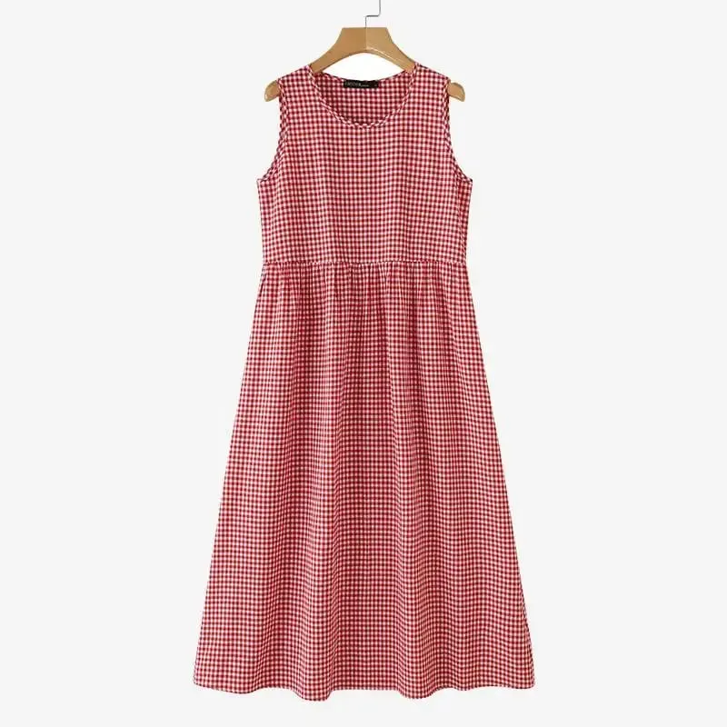 Summer Plaid Checked Sundress Sleeveless Bohemain Holiday Dresses Women Elegant O Neck Dress Casual Baggy Work Vestidos — image 9