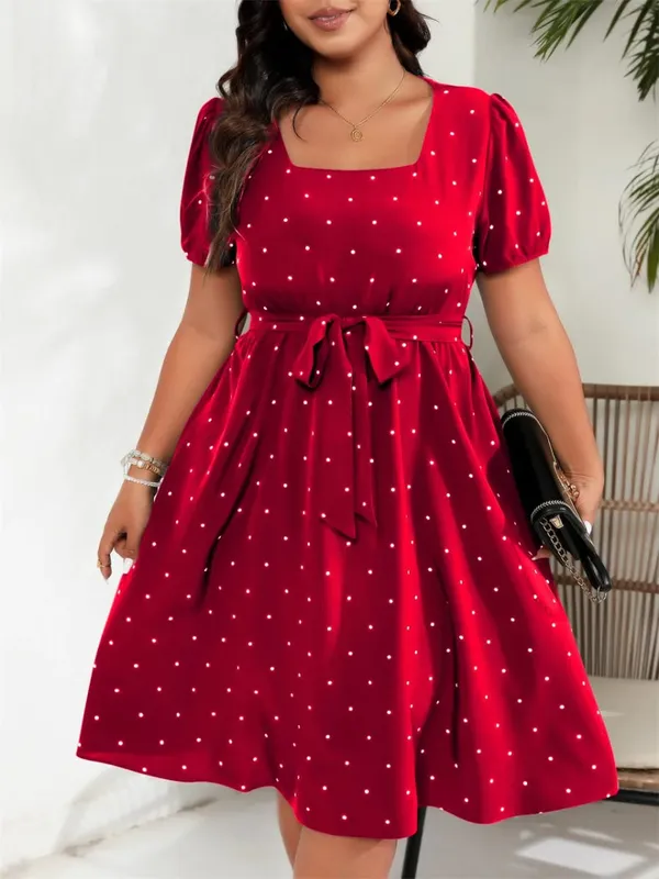 Plus Size Square Neck Polka Dot Bæltekjole Dame Elegant Retro Pufærmer Højtalje Sommer A-line Big Swing Kjoler — image 5