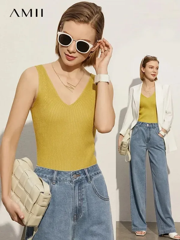 Amii Minimalism Summer New Women's Camisole Tops Office Lady Solid V-neck Sexy Slim Vest Girls Tank Streetwear Tops 12321058 — image 3
