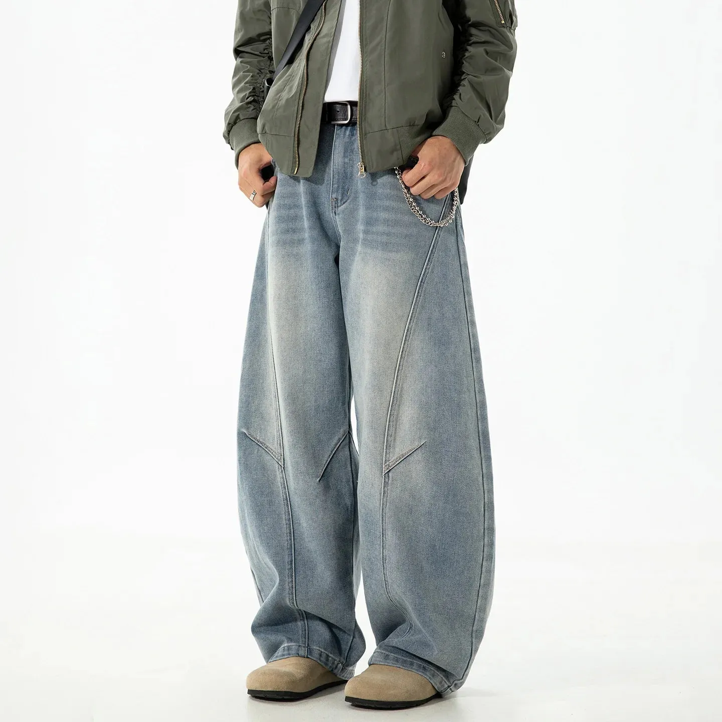 Autumn Retro Structured Split Washed Distressed Curved Jeans with Men's Silhouette Loose Straight Leg Pants Trendy Street Style — image 2