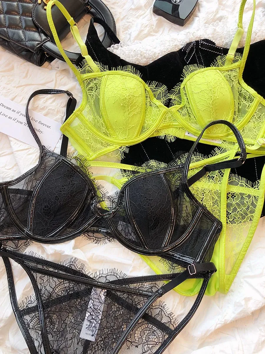 Summer Color Lace Underwear Set Sexy Thin Cup Breathable Bras Women Hollow Panties Set Female Deep V Push Up Brassiere Lingerie — image 4