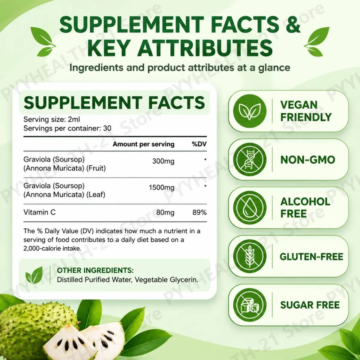 AcentiLabs Soursop Graviola Liquid Drops Vitamin C unterstützt die Verdauungsgesundheit, das Immunsystem und die Abwehr freier Radikale, 60 ml für Erwachsene — image 3
