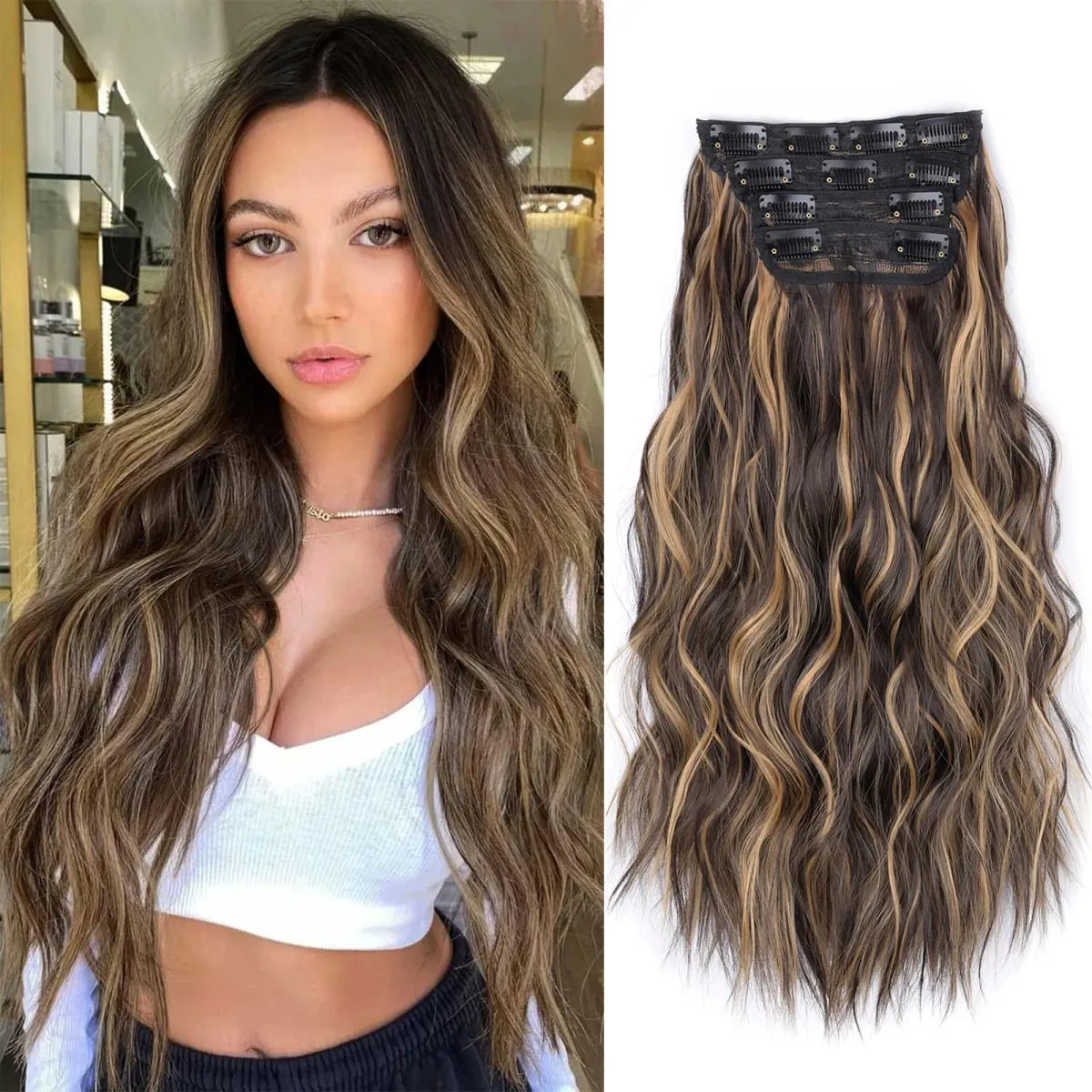 linwan Clip In Hair Extensions 4 PCS Full Head 20 Inch Long Curly Wavy Synthetic Hair Pieces Natural Wavy For Women Girls Hair — image 13