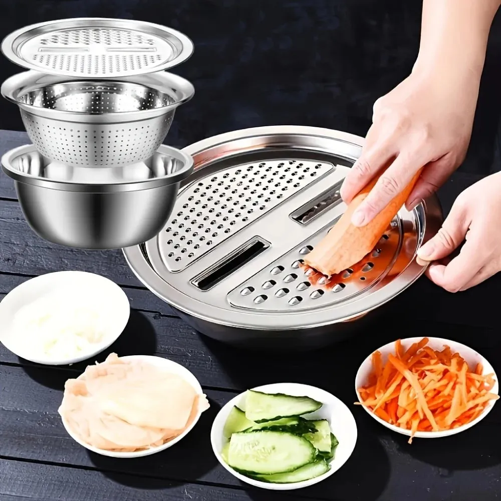 3pcs Stainless Steel Multi-Functional Kitchen Grater Set Draining Bowl with Vegetable Washing Mandoline Slicer for Potato — image 1