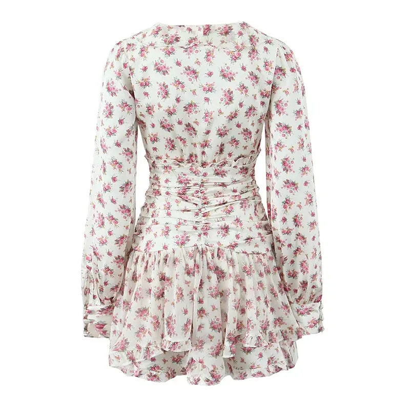 Boho Floral Print Ruffle Mini Dress Women Front Button Long Sleeve V Neck Spring Dresses 2025 Holiday Robe Short Vestidos — image 5