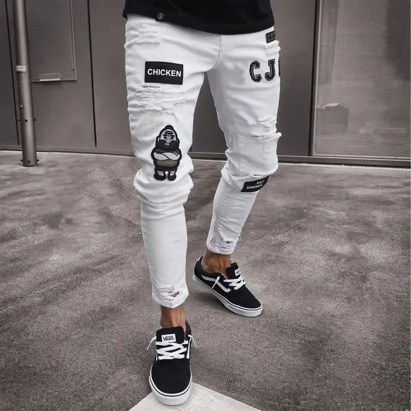 2023 White Embroidery Skinny Ripped Jeans Men Cotton Stretchy Slim Fit Hip Hop Denim Pants Casual Jeans for Men Jogging Trousers — image 7