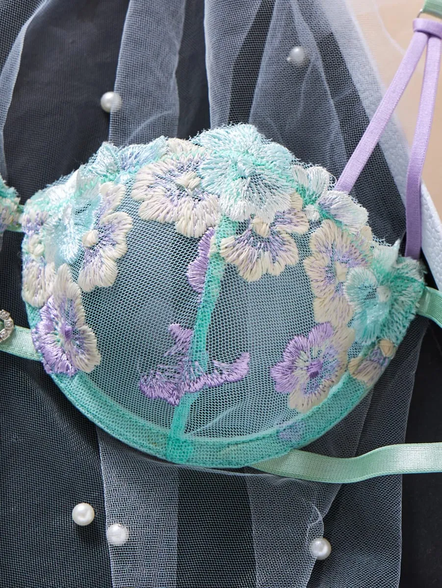Ensemble de soutien-gorge en dentelle brodé de fleurs pour femmes, avec armatures, maille transparente, culotte à nœud latéral, Lingerie romantique, tailles S-XL — image 5
