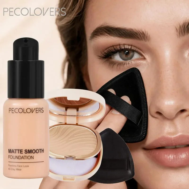 3pcs/Set Foundation Loose Powder Triangle Makeup Kit Full Coverage Liquid Foundation Waterproof Long-Lasting Base Makeup