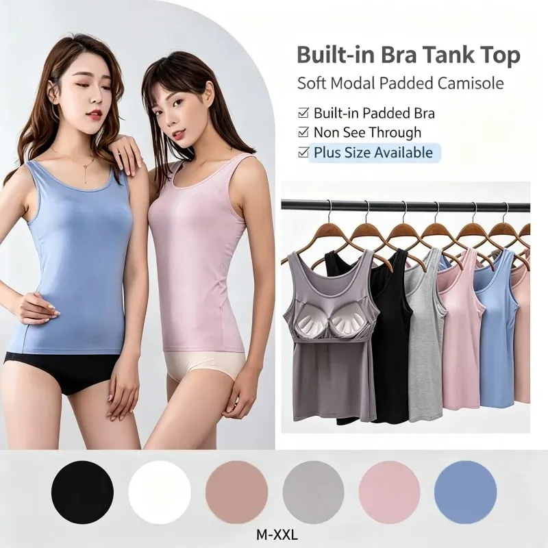 2026 Women's Vest Tops with Built In Bra Neck Vest Solid Color Padded Slim Fit Tank Tops Sexy Shirts Feminino Casual Tank Tops — image 2